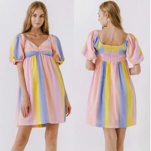 English Factory‎ Women's Rainbow Striped Puff Sleeve Babydoll Dress Size Medium